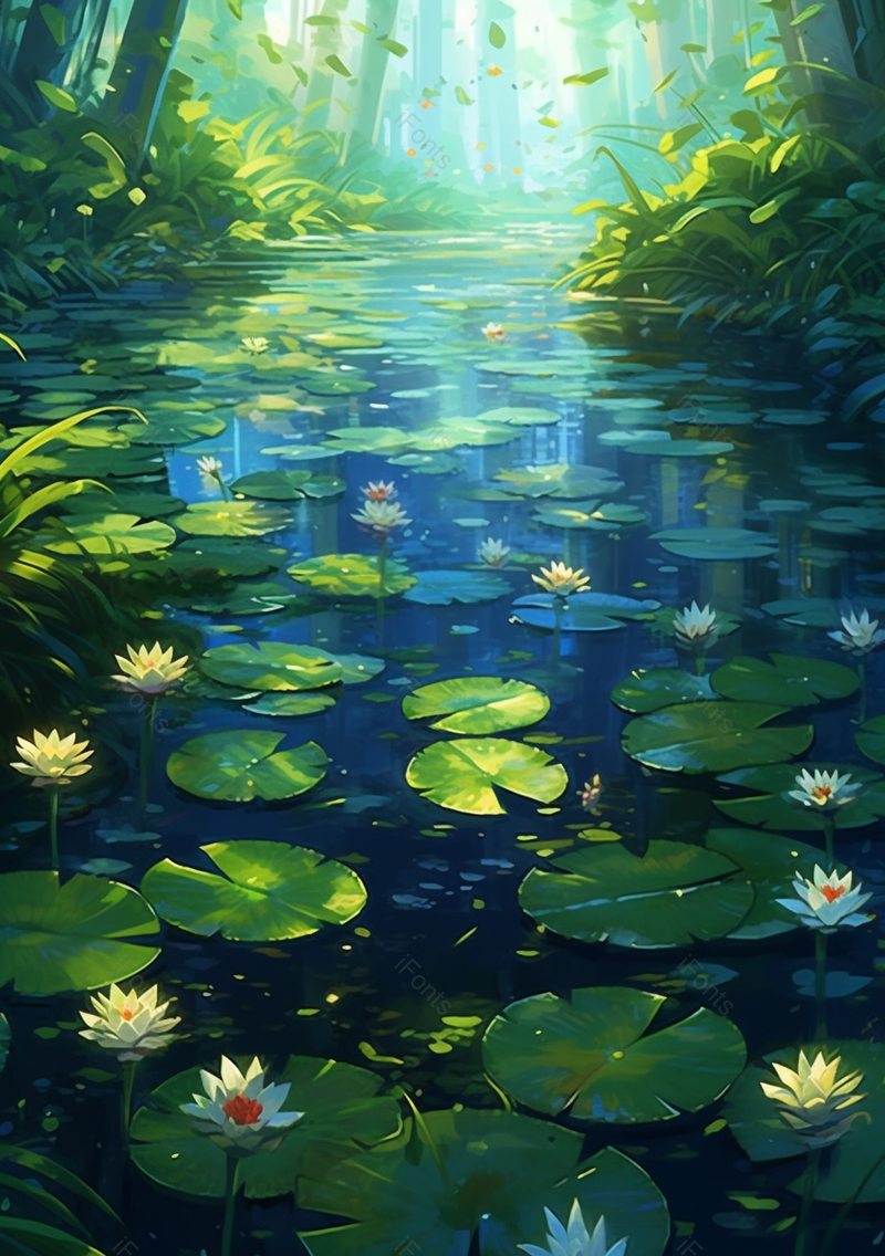 深林中荷塘荷花盛开美景插画绿色背景,插画/手绘图,插画/手绘图库,插画/手绘图下载,插画/手绘